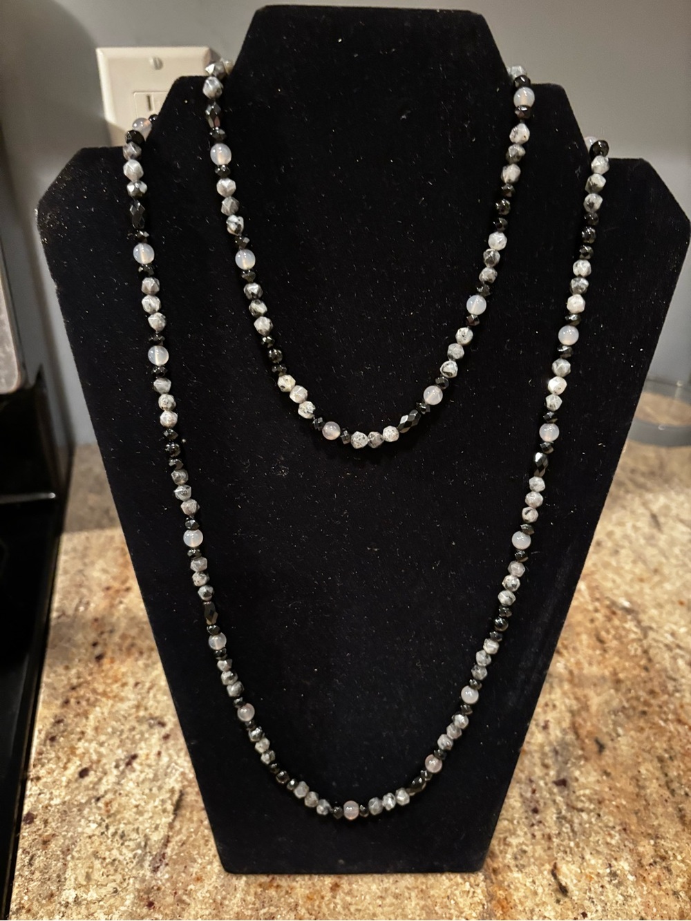 Long Black Onyx and Gray Agate Beaded Women's Necklace by Grace & Heart